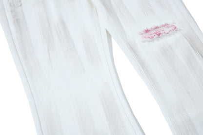 Vertical Brush Ripped Print Wide Leg Denim Jeans WN27851