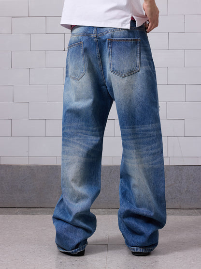 Damage Washed Letter Print Wide Leg Denim Jeans WN27222