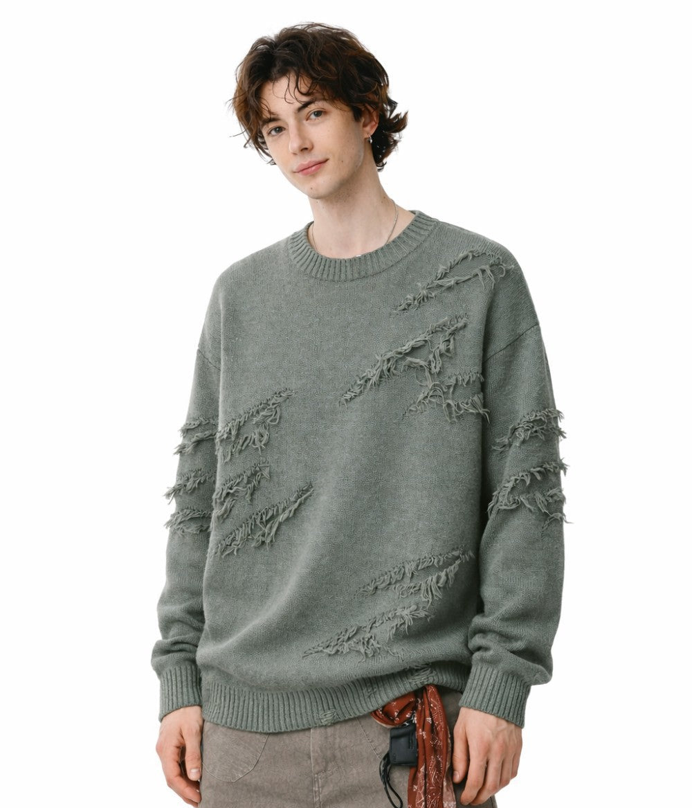 Damage Fringe Split Oversize Knit Sweater WN27952