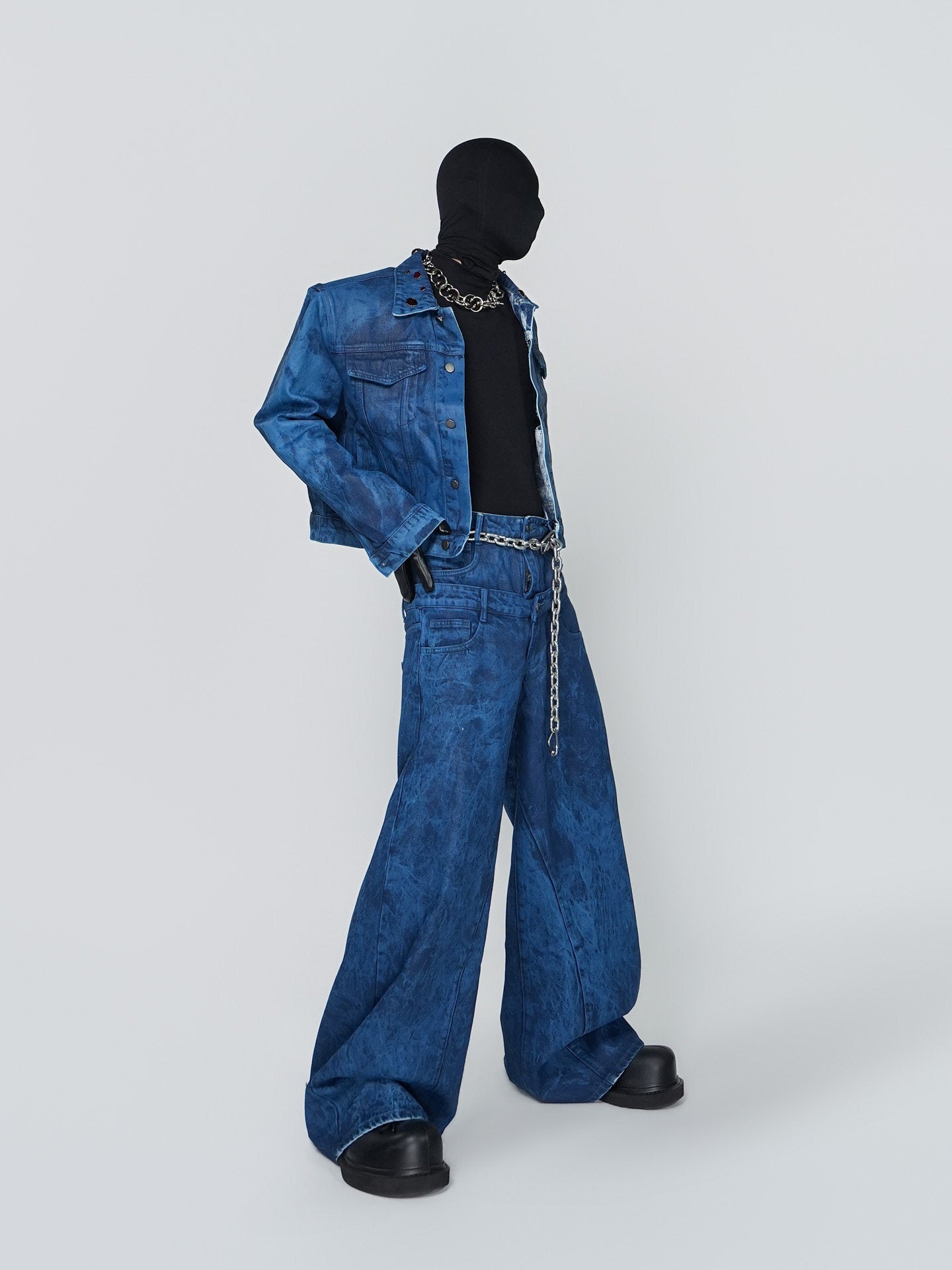 Wax Coated Short Denim Jacket & Wax Coated Wide Leg Denim Jeans Setup WN24308