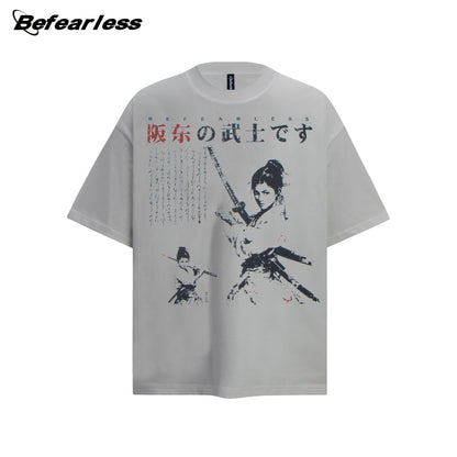 Washed Samurai Print Oversize Short Sleeve T-Shirt WN26400