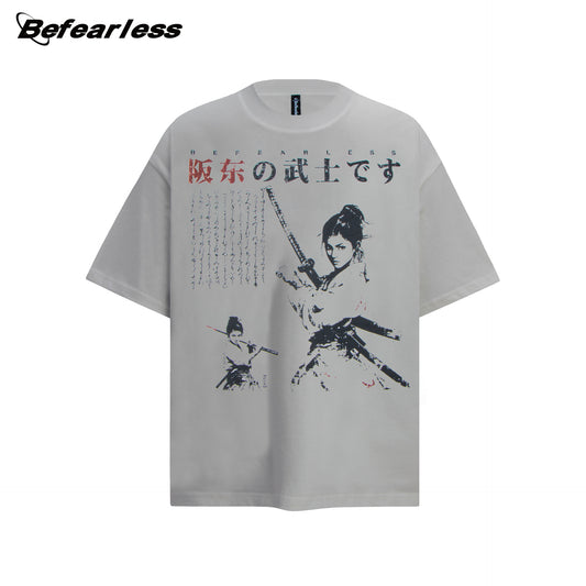 Washed Samurai Print Oversize Short Sleeve T-Shirt WN26400
