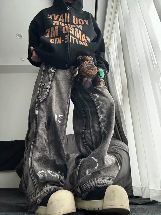 Faded Graffiti Trace Wide Leg Dragging Denim Jeans WN18112