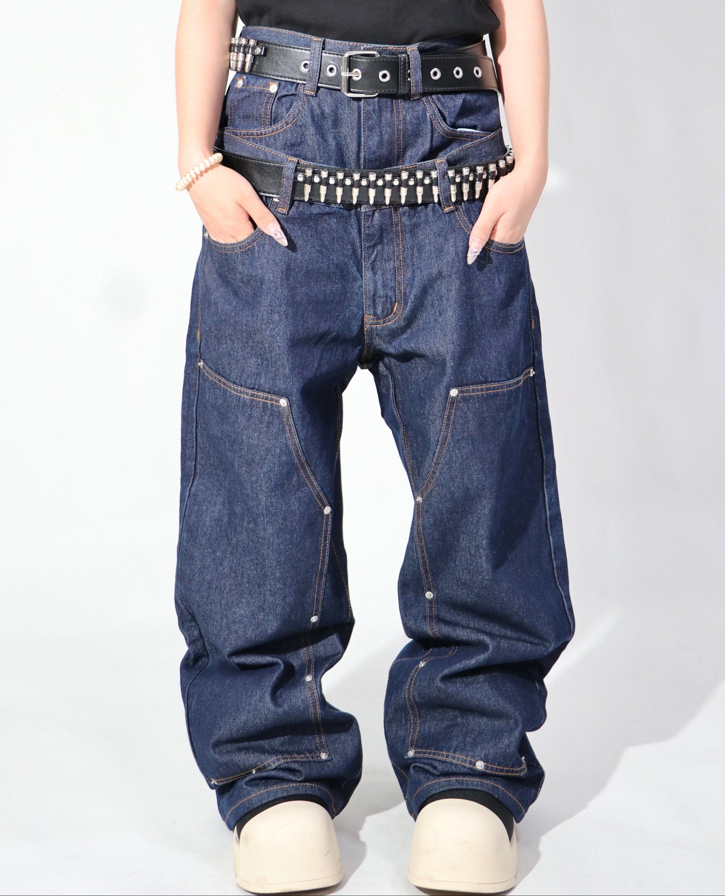 Double Waist Rivet Panel Wide Leg Denim Jeans WN24121