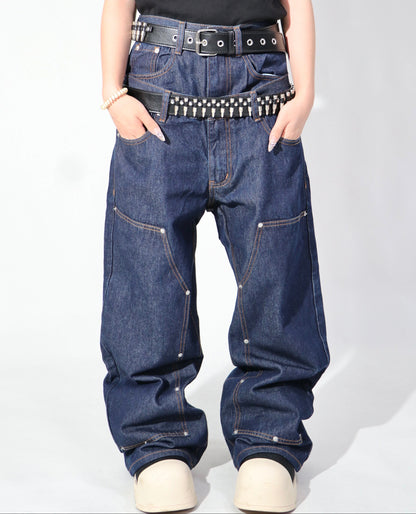 Double Waist Rivet Panel Wide Leg Denim Jeans WN24121