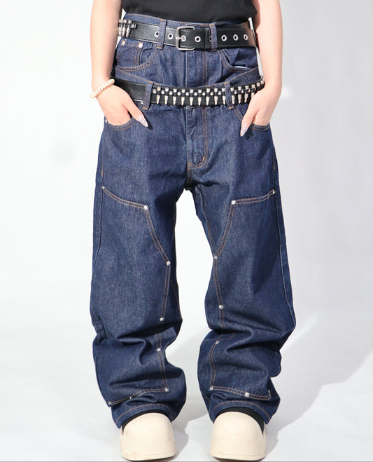 Double Waist Rivet Panel Wide Leg Denim Jeans WN24121