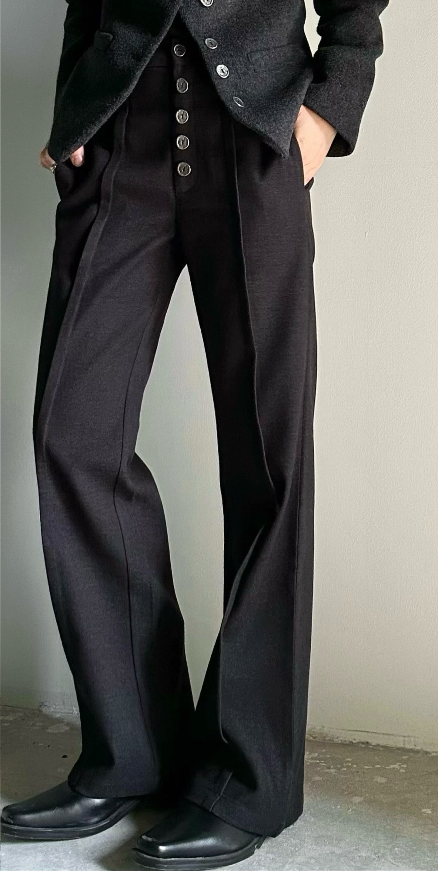 Elastic Waist Button-Front Wool Straight Trousers WN23142