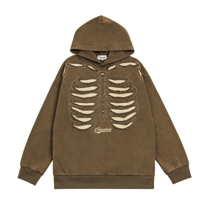 Patchwork Damage Skeleton Oversize Pullover Hoodie WN11187