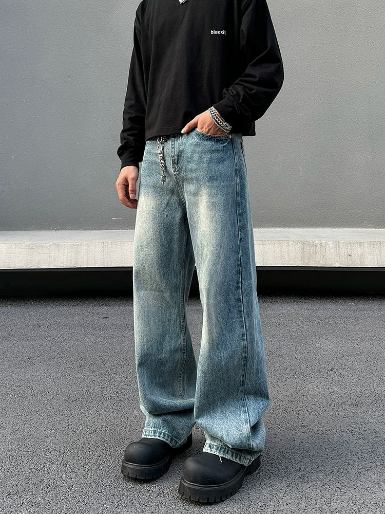 Washed Wide Leg Straight Denim Jeans WN19523