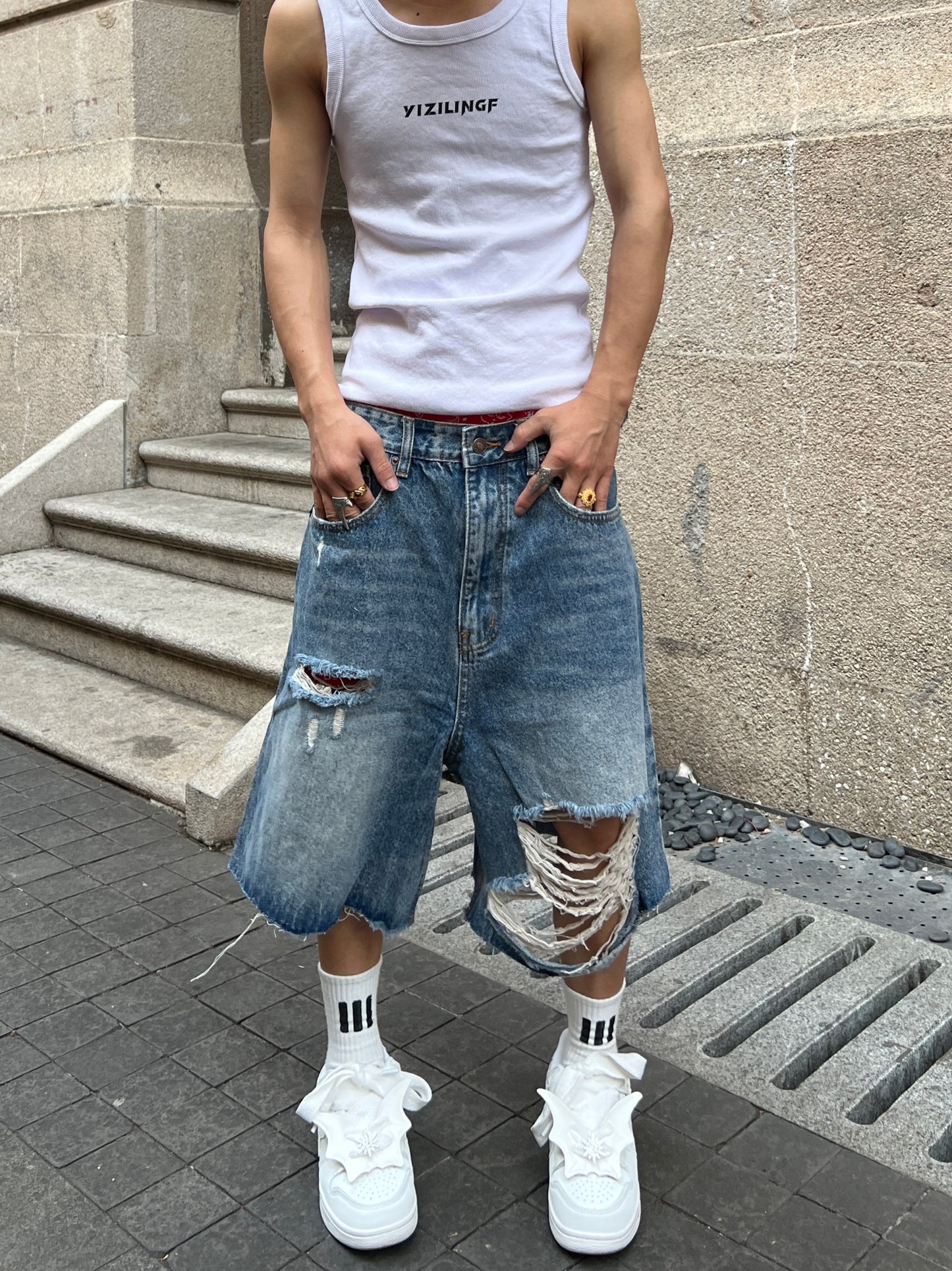 Damage Ripped Wide Leg Denim Half Jeans WN24069
