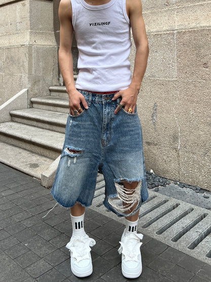 Damage Ripped Wide Leg Denim Half Jeans WN24069