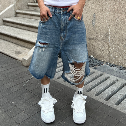 Damage Ripped Wide Leg Denim Half Jeans WN24069