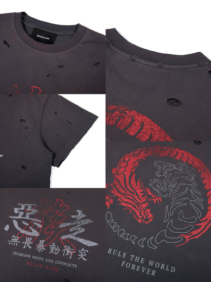 Washed Graphic Letter Damage Short Sleeve T-shirt WN19712