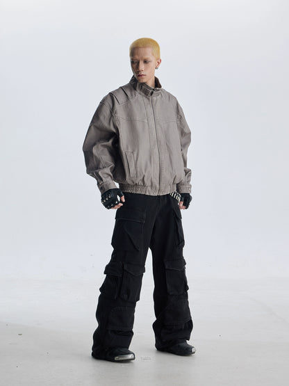 Deconstruction Patchwork Standing-Collar Belt Oversize PU Leather Jacket WN20813