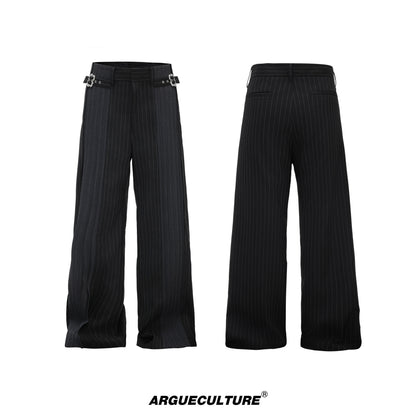 Decorative Buckle Stripe Patchwork Wide Leg Trousers WN27003