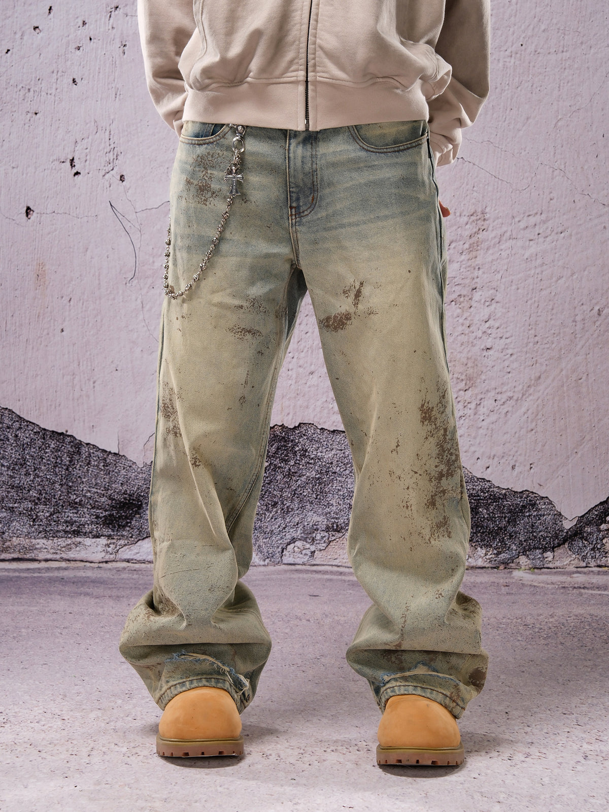 Wide Leg Mud Dye Damage Denim Jeans WN26632