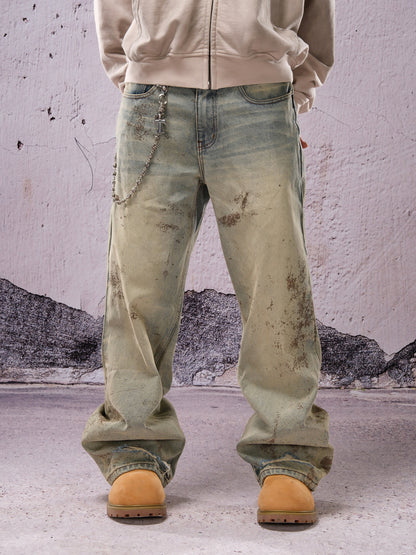 Wide Leg Mud Dye Damage Denim Jeans WN26632