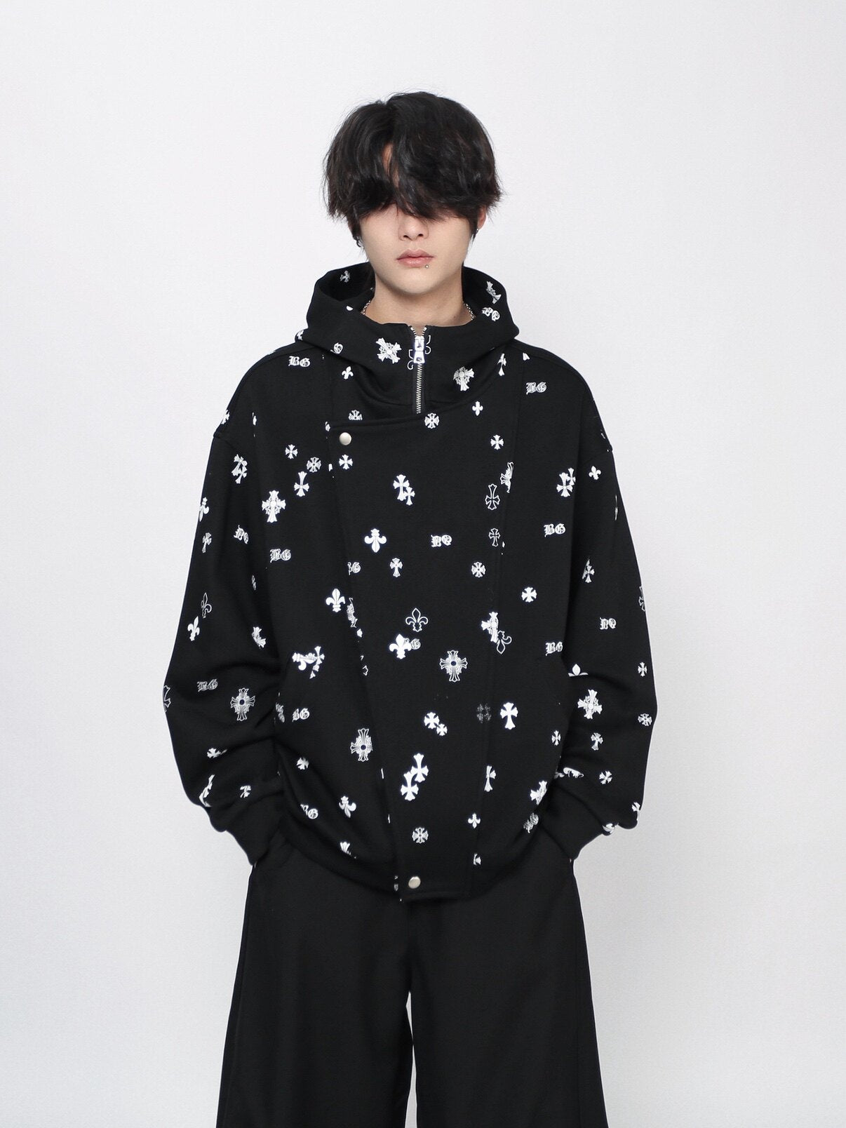 Cross Print Oversize Zipper Hoodie WN24440
