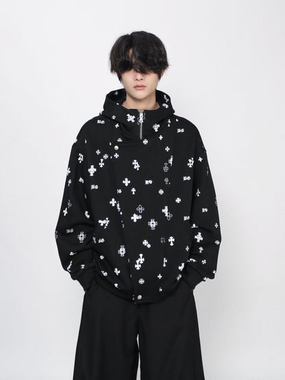 Cross Print Oversize Zipper Hoodie WN24440