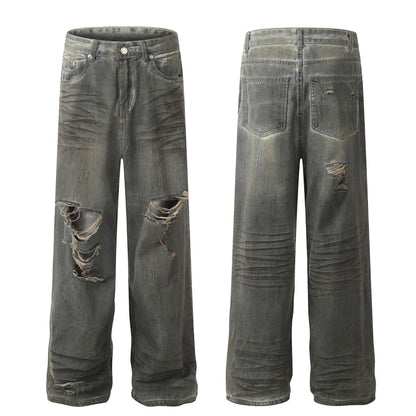 Washed Damage Wide-Leg Straight Denim Jeans WN11092