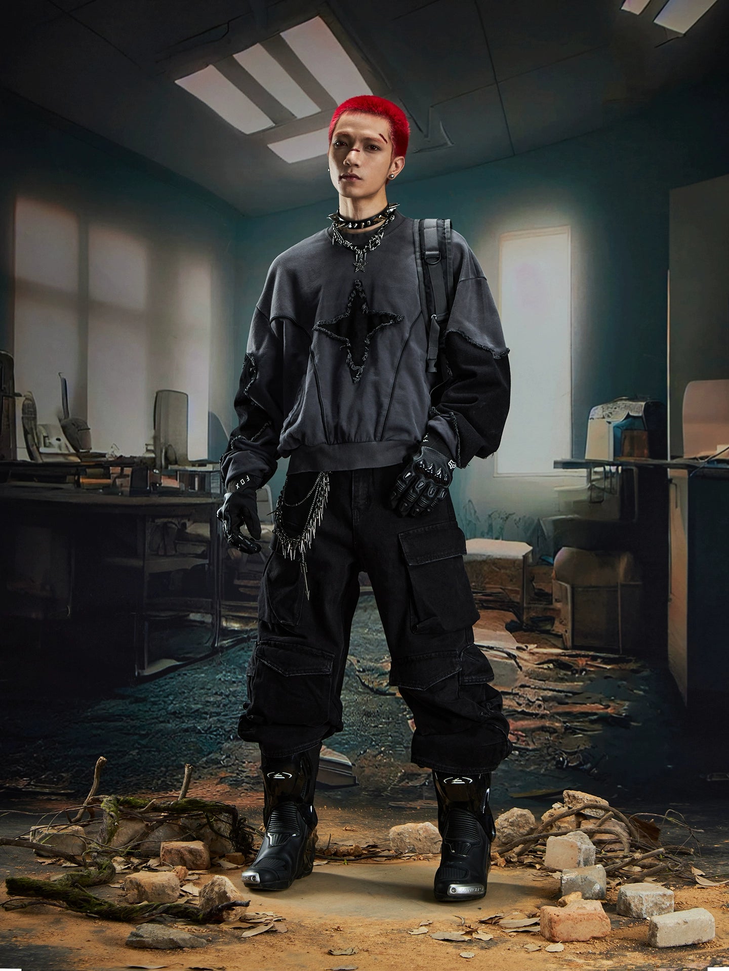 Washed Damage Multi-Pocket Cargo Denim Jeans WN20572