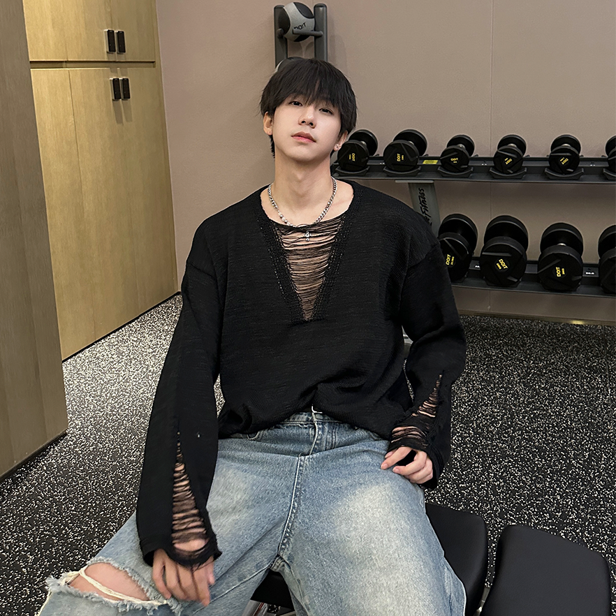 Grunge Deep V-Neck Long Sleeve T-Shirt WN25343