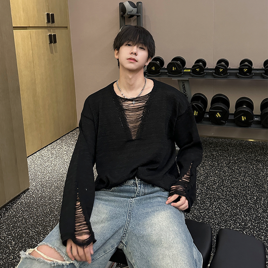 Grunge Deep V-Neck Long Sleeve T-Shirt WN25343