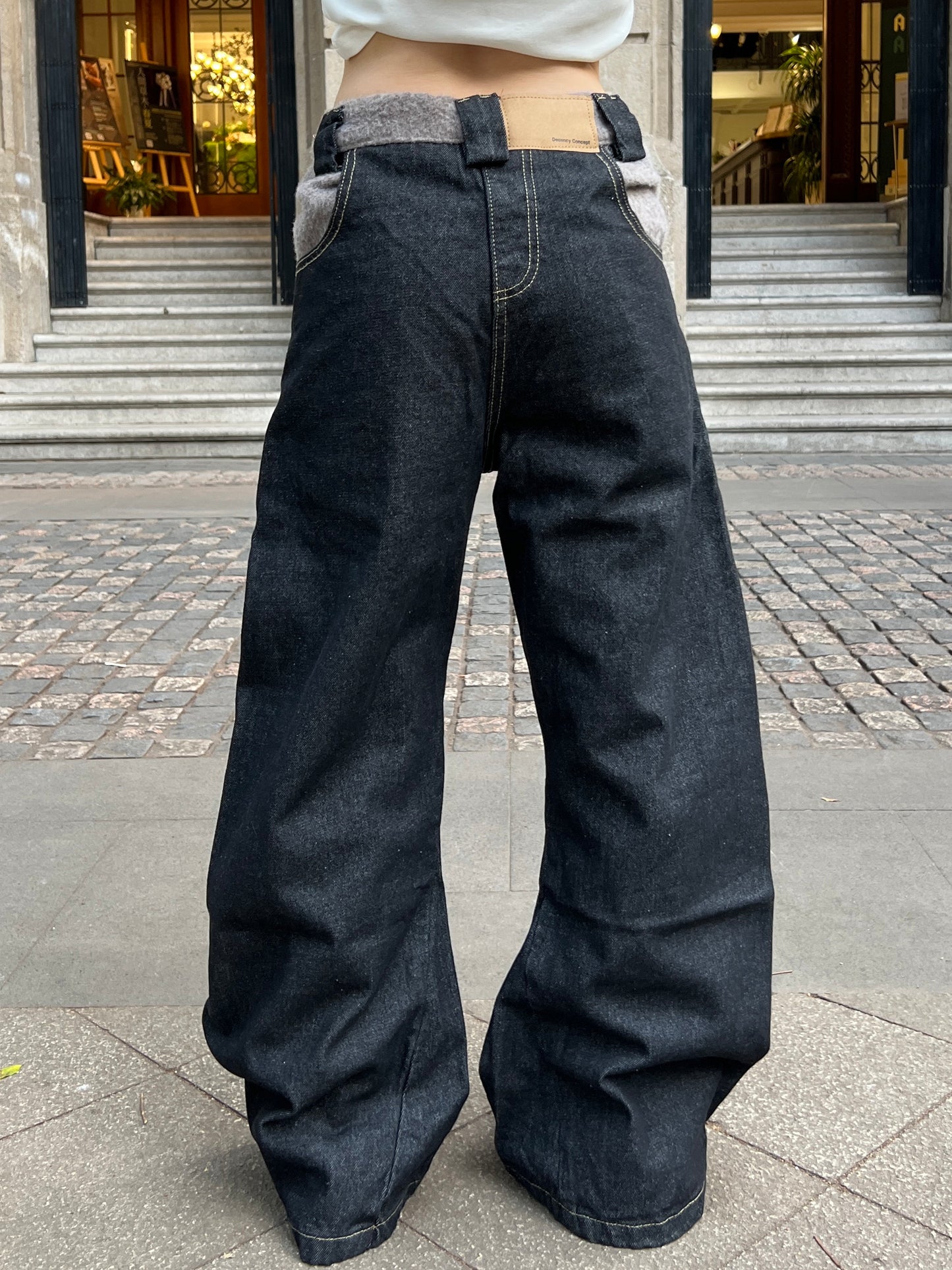 Reverse Patchwork Curved Silhouette Straight Denim Jeans WN24101