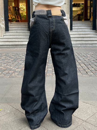 Reverse Patchwork Curved Silhouette Straight Denim Jeans WN24101
