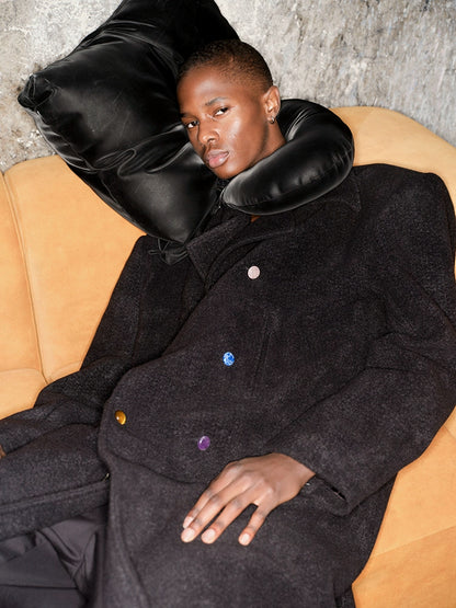 Wool Gem Shoulder-Pad Long Double-Breasted Coat WN21306