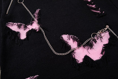 Asymmetric Butterfly Jacquard Chain Detail Knit Sweater WN11513