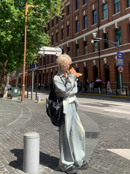 Stripe Washed Denim Short Sleeve Shirt & Wide Leg Denim Jeans Setup WN19815