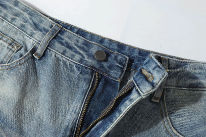 Washed Whisker Damage Wide Leg Denim Jeans WN26121