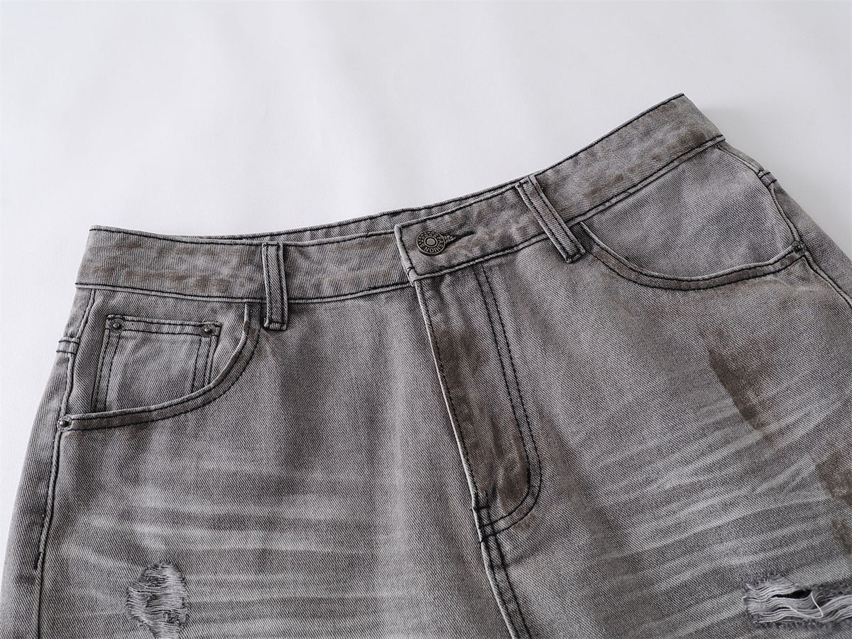 Dirty Washed Ripped Straight Leg Denim Jeans WN26829
