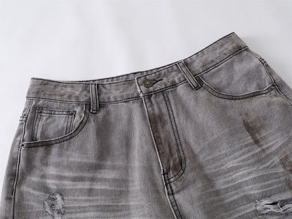 Dirty Washed Ripped Straight Leg Denim Jeans WN26829