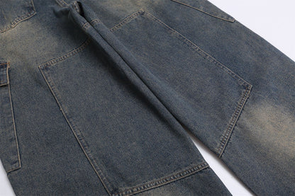 Wide Leg Multi-Pocket Washed Cargo Denim Jeans WN26925
