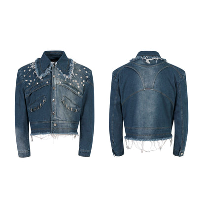 Deconstruction Rivet Design Washed Damege Denim Jacket & Denim Jeans Setup WN21969
