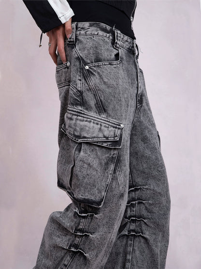 Multi-Pocket Wide-Leg Cargo Denim Jeans WN9350