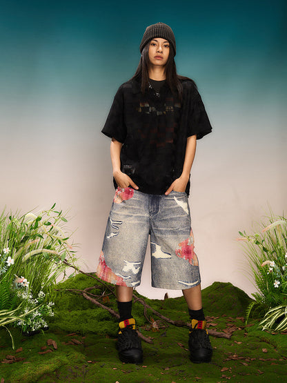 Floral Print Denim Half Pants WN23215