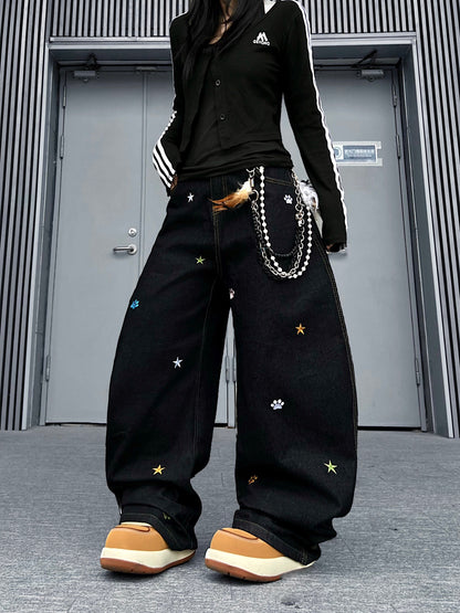 Star Embroidery Wide Leg Denim Jeans WN24153