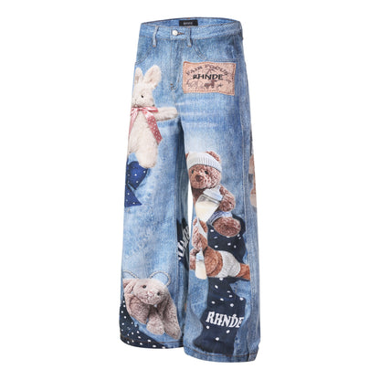 Washed 3D Character Print Wide Leg Denim Jeans WN25975