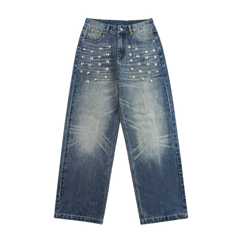 Metal Stud Washed Wide Leg Denim Jeans WN27843