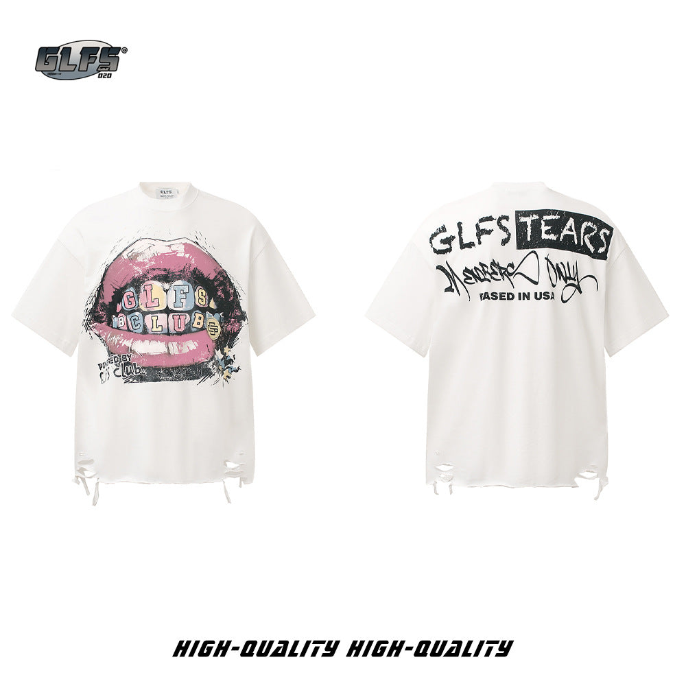 Graffiti Lip Print Damage Short Sleeve T-Shirt WN26521