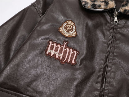 Badge Embroidery Detachable Leopard Collar PU Leather Jacket WN11189