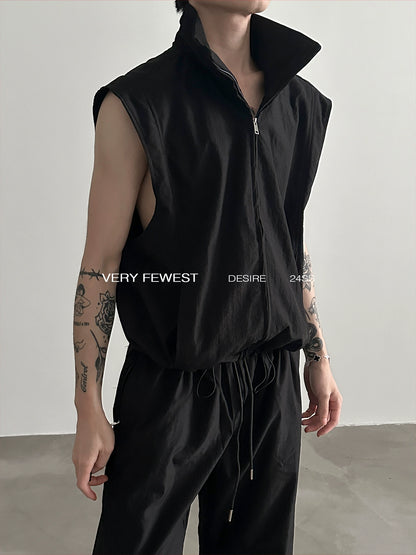 Stand Neck Sporty Vest & Pleated Wide Leg Pants Setup WN8893