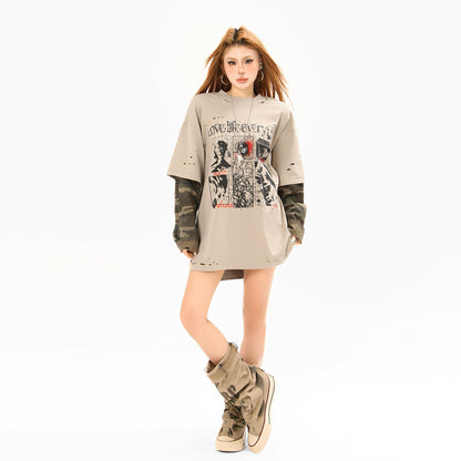 Fake Layered Camo Damage Print Long Sleeve T-Shirt WN25740