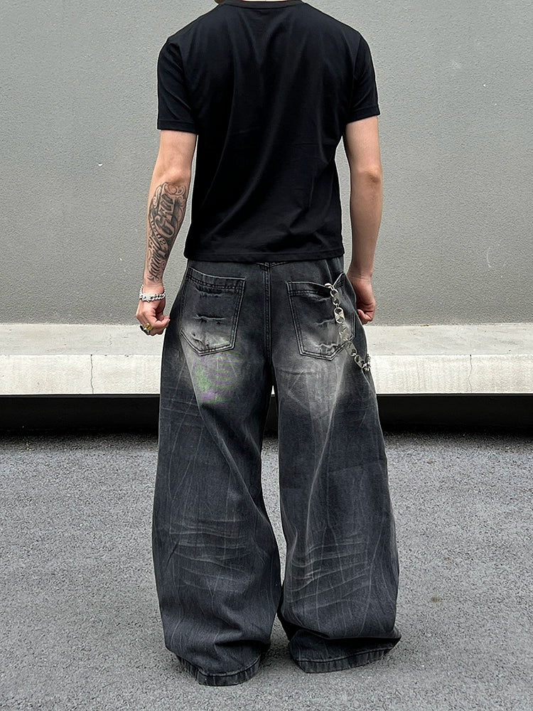 Lightning Pattern Baggy Denim Jeans WN19591
