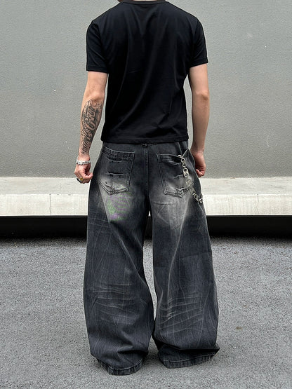 Lightning Pattern Baggy Denim Jeans WN19591