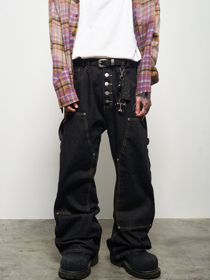 Metal Button Decor Straight Wide Leg Denim Jeans WN22940