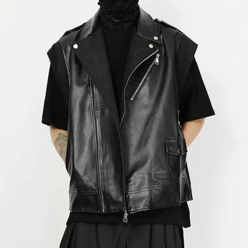 PU Leather Zipper Design Sleeveless Vest Jacket WN20196